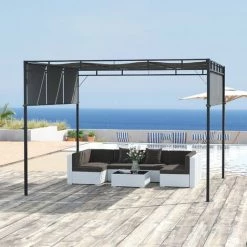 Outsunny Pergola Rétractable Dim. 3L X 3l X 2,2H M Structure Acier époxy Anticorrosion Noir Triple Toile Polyester Haute Densité Gris - Gris -Tente de réception Soldes 54943848 4