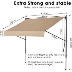 Gizcam Auvent Balcon, 200 X 150 Cm Store Balcon Imperméable Avec Manivelle, Sans Perçage, Résistant Aux UV Réglable En Hauteur, En Métal Et Polyester, Kaki -Tente de réception Soldes 55299011 3