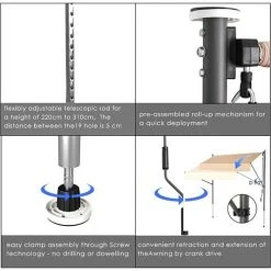 Homfa Auvent Balcon, 200 X 150 Cm Store Balcon Imperméable Avec Manivelle, Sans Perçage, Résistant Aux UV Réglable En Hauteur, En Métal Et Polyester, Kaki -Tente de réception Soldes 55578189 4