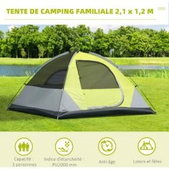 Outsunny Tente De Camping 3 Personnes - Portes Zippées, Poche Rangement, Sac Transport Inclus - Dim. 210L X 210l X 119H Cm - Fibre Verre Polyester Tissu Oxford Gris Vert - Vert -Tente de réception Soldes 55776921 4