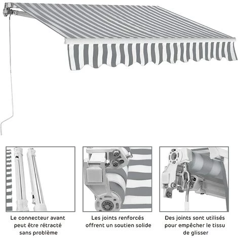 GOPLUS Store Banne Auvent ManuelRétractable Avec Manivelle En Aluminium Et Polyester, Imperméable, Résistant Aux UV, Pour Terrasse, Bistro, Balcon (250x200CM, Gris-Blanc) 5 GOPLUS Store Banne Auvent ManuelRétractable Avec Manivelle En Aluminium Et Polyester, Imperméable, Résistant Aux UV, Pour Terrasse, Bistro, Balcon (250x200CM, Gris-Blanc) - Image 3