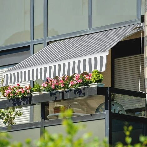 GOPLUS Store Banne Auvent ManuelRétractable Avec Manivelle En Aluminium Et Polyester, Imperméable, Résistant Aux UV, Pour Terrasse, Bistro, Balcon (250x200CM, Gris-Blanc) 6 GOPLUS Store Banne Auvent ManuelRétractable Avec Manivelle En Aluminium Et Polyester, Imperméable, Résistant Aux UV, Pour Terrasse, Bistro, Balcon (250x200CM, Gris-Blanc) - Image 4