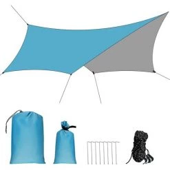 AIDUCHO Bâche De Tente Camping Bâche Imperméable Avec Piquets De Sol Et Cordes, Parasol UV Légère Bâche Pour Hamac Camping En Plein Air (3 * 3M)