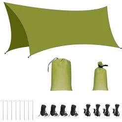 AIDUCHO Bâche De Tente 3x4.45m Bâche De Camping étanche Bâche De Camping Légère Auvent Tapis De Sol De Tente Protection Contre La Pluie Protection Solaire Bâche Extérieure Pliable Pour Hamac Pique-nique Plage （vert Armée）
