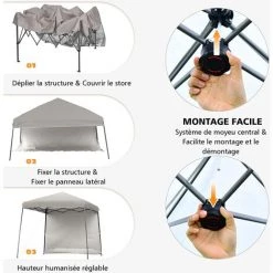 COSTWAY Tonnelle De Jardin 3x3m Pliable-Hauteur Réglable Avec Parois Latérales Amovibles Et Sac à Dos à Roulettes- Auvent Pour Camping, Festival, Plage, Gris -Tente de réception Soldes 58758540 3