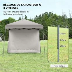 COSTWAY Tonnelle De Jardin 3x3m Pliable-Hauteur Réglable Avec Parois Latérales Amovibles Et Sac à Dos à Roulettes- Auvent Pour Camping, Festival, Plage, Gris -Tente de réception Soldes 58758540 5
