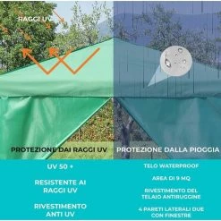 Baroni Home Douche Solaire Pour Jardins 3x3 M Avec 4 Murs Latéraux Avec Fenêtres. Rideau Extérieur Pour Les événements. Parties Et Utilisation Commerciale. Étanche. Pliant. Vert -Tente de réception Soldes 59895970 3