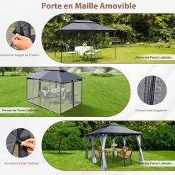 GOPLUS 3,9x2,9M Tonnelle De Reception,Chapiteau De Jardin Avec Double Toit Avec Moustiquaire Détachable Et Armature Robuste, Gazebo Pour Jardins Pour Mariages, Barbecues, Pique-niques, Fêtes (Gris) -Tente de réception Soldes 60113737 2