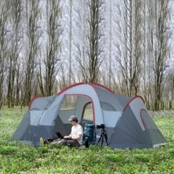 PESCE Tente De Camping Familiale 5-6 Pers. - Grande Porte + 3 Fenêtres - Dim. 4,55L X 2,3l X 1,8H M Fibre Verre Polyester Oxford Gris -Tente de réception Soldes 60170236 2
