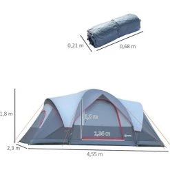 PESCE Tente De Camping Familiale 5-6 Pers. - Grande Porte + 3 Fenêtres - Dim. 4,55L X 2,3l X 1,8H M Fibre Verre Polyester Oxford Gris -Tente de réception Soldes 60170236 3
