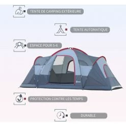 PESCE Tente De Camping Familiale 5-6 Pers. - Grande Porte + 3 Fenêtres - Dim. 4,55L X 2,3l X 1,8H M Fibre Verre Polyester Oxford Gris -Tente de réception Soldes 60170236 4