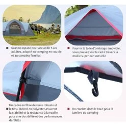 PESCE Tente De Camping Familiale 5-6 Pers. - Grande Porte + 3 Fenêtres - Dim. 4,55L X 2,3l X 1,8H M Fibre Verre Polyester Oxford Gris -Tente de réception Soldes 60170236 5