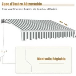 RELAX4LIFE Store Banne 3X2,5M Rétractable Réglable 0-35° Avec Manivelle Manuel Et Revêtement Imperméable, Auvent Anti-Soleil Avec Cadre En Alu Durable Pour Balcon, Jardin, Patio (Rayure Gris-Blanc) -Tente de réception Soldes 60464871 3