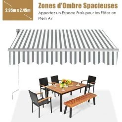 RELAX4LIFE Store Banne 3X2,5M Rétractable Réglable 0-35° Avec Manivelle Manuel Et Revêtement Imperméable, Auvent Anti-Soleil Avec Cadre En Alu Durable Pour Balcon, Jardin, Patio (Rayure Gris-Blanc) -Tente de réception Soldes 60464871 4