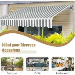 RELAX4LIFE Store Banne 3X2,5M Rétractable Réglable 0-35° Avec Manivelle Manuel Et Revêtement Imperméable, Auvent Anti-Soleil Avec Cadre En Alu Durable Pour Balcon, Jardin, Patio (Rayure Gris-Blanc) -Tente de réception Soldes 60464871 5