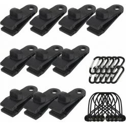 FOZIY Lot De 10 Clips De Bâche Support De Bâche Pour Extérieur Avec Attache En Toile Et Cordon élastique + Mousqueton En Forme De D Pour Bâches, Auvents, Camping, Caravane, Couvertures De Voiture，Fonepro