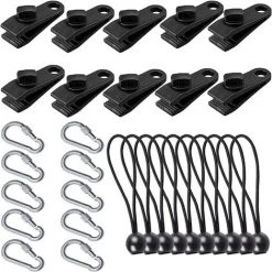 ALMI 10 Set De Pince à Bâche Noir,Clips De Bâche Avec Mousqueton Tendeur Corde Pour Les Auvents De Camping Bâche De Caravane