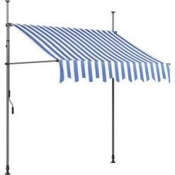 AICOK Auvent Balcon, Store Balcon Imperméable Avec Manivelle, Sans Perçage, Résistant Aux UV Réglable En Hauteur, 250 X 120 Cm, En Métal Et Polyester, Bleu Et Blanc