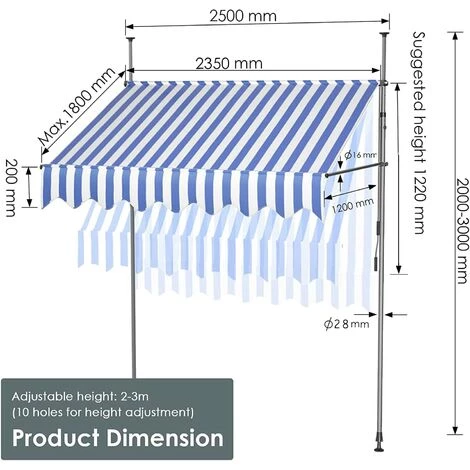 AICOK Auvent Balcon, Store Balcon Imperméable Avec Manivelle, Sans Perçage, Résistant Aux UV Réglable En Hauteur, 250 X 120 Cm, En Métal Et Polyester, Bleu Et Blanc 4 AICOK Auvent Balcon, Store Balcon Imperméable Avec Manivelle, Sans Perçage, Résistant Aux UV Réglable En Hauteur, 250 X 120 Cm, En Métal Et Polyester, Bleu Et Blanc - Image 2