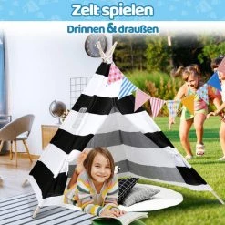 VINGO Tipi Tente Pour Enfants Tente De Jeu Indienne Avec Sac De Rangement 120x120CM - Noir -Tente de réception Soldes 64734424 4