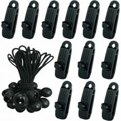 L'FLANEUR 24 Pcs Clip De Tente Bache Avec 12x Pince Pour Bache Et 12x Tendeur Corde Elastique, Pince A Oeillet Pour Bache Camping Accessoires Pour Tentes, Bache Piscine, Baches, Auvents, Gazebos Tente ANEUR