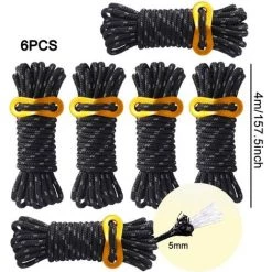OSQI 6 Pièces Corde De Tente Réfléchissante Corde Tente Camping 4 M X 5 Mm Corde De Tente Noire Avec Tendeur Réglable Pour Les Tentes D'auvent De Camping En Plein Air -Tente de réception Soldes 65988463 2
