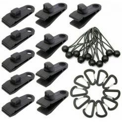 JOORRT Lot De 10 Clips De Bâche Support De Bâche Pour Extérieur Avec Attache En Toile Et Cordon élastique + Mousqueton En Forme De D Pour Bâches, Auvents, Camping, Caravane, Couvertures De Voiture