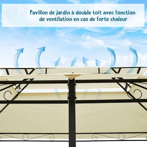 Outsunny Tonnelle Barnum Pavillon De Jardin Style Colonial Double Toit Toiles Latérales Amovibles 3L X 4l X 2,65H M Crème - Beige 7 Outsunny Tonnelle Barnum Pavillon De Jardin Style Colonial Double Toit Toiles Latérales Amovibles 3L X 4l X 2,65H M Crème - Beige - Image 5