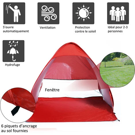 Outsunny Abri De Plage Tente De Plage Pliable Pop-up Automatique Instantané Protection UV Fenêtre Arrière Grand Tapis De Sol Rouge Brique - Rouge 6 Outsunny Abri De Plage Tente De Plage Pliable Pop-up Automatique Instantané Protection UV Fenêtre Arrière Grand Tapis De Sol Rouge Brique - Rouge - Image 4