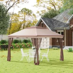 Outsunny Tonnelle Barnum De Jardin Pop-up Pliant 3,25L X 3,25l X 2,65H M Acier Polyester Moustiquaires + Sac De Transport Café - Marron -Tente de réception Soldes 7743033 2